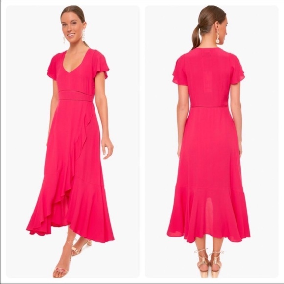Tuckernuck Francesca Short Sleeve Maxi Ruffle Faux Wrap Dress In Hot Pink Sz XS - Picture 1 of 8